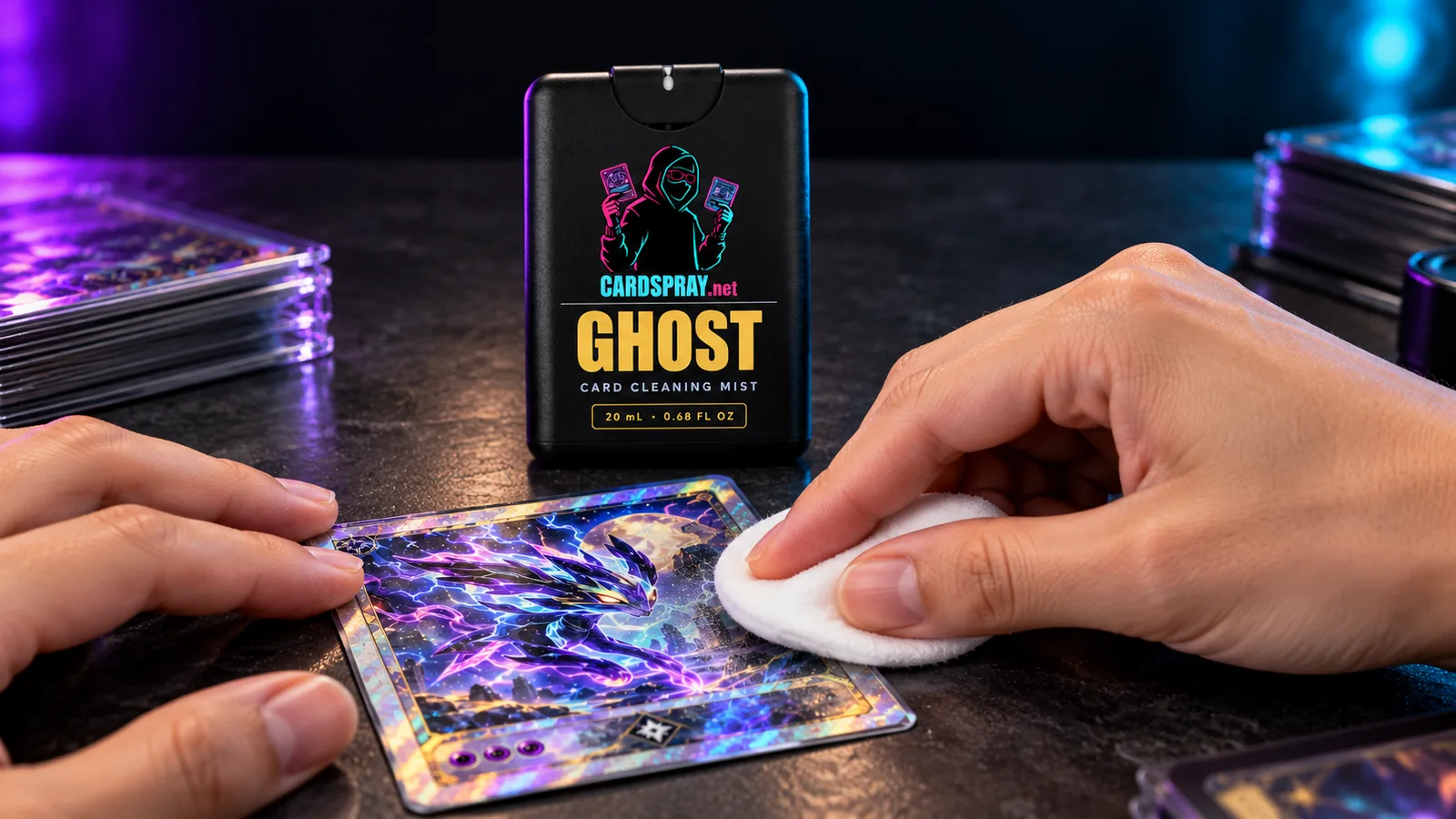 Wiping a holo card with the misted cotton round