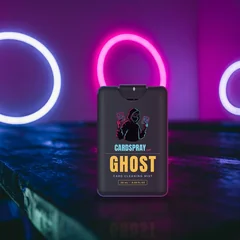 GHOST black bottle on a neon-lit table