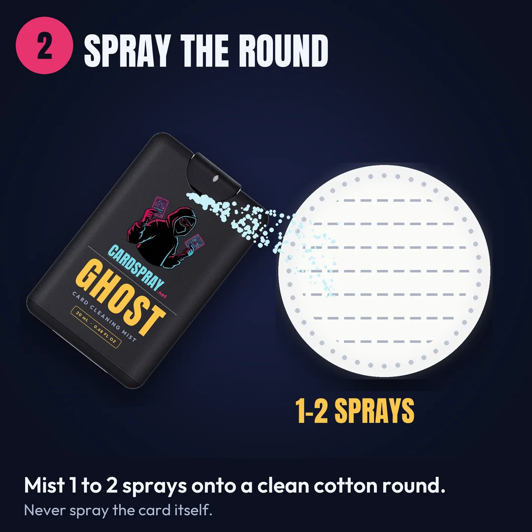 Step 2: Spray the round. 1 to 2 sprays onto a clean cotton round. Never spray the card.